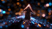 Glowing arrow pointing upward made of sparkling particles on digital network with bokeh lights, representing growth, progress, and success in business and technology.