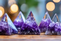 Amethyst crystal pyramids with deep purple and clear quartz layers arranged in row on wooden surface against blurred bokeh background, spiritual healing concept.