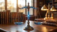 Scales of justice on wooden desk in law office with legal books and warm lighting creating professional attorney workspace atmosphere.