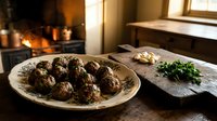 Homemade meatballs on rustic plate in cozy kitchen with fireplace. Traditional comfort food recipe for family dinner and cooking blogs.