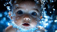 Young child's face illuminated by magical blue bokeh lights with sparkling water droplets creating ethereal glow effect, expressing wonder and amazement in close-up portrait.