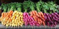 Fresh rainbow carrots and radishes arranged in colorful rows at farmers market, showing vibrant orange, yellow, pink and purple root vegetables with green tops.