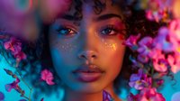 Young African American woman with curly hair and gold glitter makeup surrounded by pink flowers in vibrant blue and purple lighting.