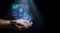 Hands presenting holographic digital display with swirling neon patterns in blue and purple colors against dark background for technology concepts.