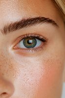 Close-up of green eye with natural freckles on fair skin, showing detailed eyelashes, defined eyebrow, and soft natural lighting for beauty and skincare marketing.