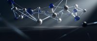Abstract molecular structure with connected spheres and bonds floating above dark surface representing scientific research and chemistry concepts.