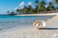 Pearl in open seashell on white sandy tropical beach with turquoise ocean water, palm trees and blue sky background, luxury vacation concept.