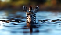 Zebra head emerging from blue rippling water surface, with only eyes, ears and nose visible, creating dramatic wildlife photography effect against blurred background.