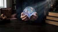 Hands holding glowing geometric crystal sphere with sacred geometry patterns in mystical library setting with magical light rays and ancient books.