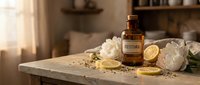 Amber glass bottle with restore label surrounded by dried lemon slices, sea salt crystals, and natural ingredients on wooden surface for wellness and skincare product marketing.