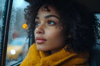 Young African American woman with natural curly hair gazing thoughtfully through rainy car window, wearing yellow sweater, city lights bokeh in background. Atmospheric portrait.