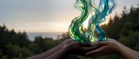 Cupped hands holding magical green and blue flames against forest sunset backdrop for fantasy and supernatural energy concepts.