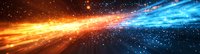 Cosmic energy collision in space showing orange and blue light streams with stars and particles creating dramatic celestial effect in dark universe.