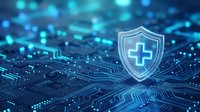 Digital healthcare security shield with medical cross on futuristic circuit board background representing cybersecurity protection for medical data systems.
