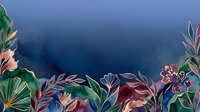 Botanical border with hand-drawn flowers and foliage in watercolor style against deep blue gradient background, suitable for invitations and design projects.