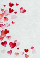 Watercolor red and pink hearts scattered on white textured paper, creating romantic border design for Valentine's Day cards or wedding invitations.