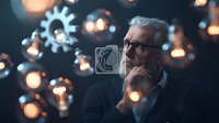 Senior Caucasian businessman in glasses contemplating among glowing light bulbs and gear wheels, symbolizing innovation and creative thinking process.