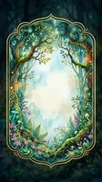 Enchanted forest frame with golden ornate border, magical woodland scene, fairy tale botanical illustration with flowers and trees for fantasy designs.