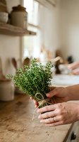 Person holding fresh thyme herb bundle with roots in rustic kitchen interior with natural light, suitable for cooking, gardening, and culinary content.