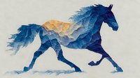 Watercolor horse silhouette in blue and orange tones running with dynamic motion, artistic double exposure effect on textured paper background.