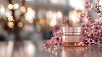 Pink cosmetic cream jar with cherry blossom branches and soft bokeh lights creating luxurious spa atmosphere for beauty product photography and advertising.