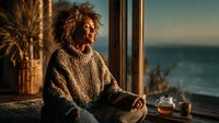 Young African American woman in cozy sweater enjoying peaceful morning tea by ocean window with warm golden sunlight streaming through glass.