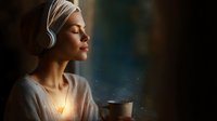 Young woman in white sweater with wireless headphones enjoying peaceful moment with coffee cup, soft glowing light and bokeh effect creates cozy atmosphere.