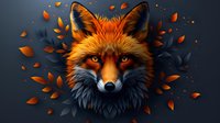 Mystical red fox portrait with glowing amber eyes surrounded by floating autumn leaves against dark background, artistic wildlife illustration.