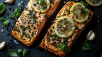 Grilled salmon fillets garnished with fresh lemon slices, herbs, garlic and spices on dark stone background, close up view of gourmet seafood dinner.