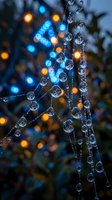 Sparkling water droplets on spider web with colorful bokeh lights creating magical evening atmosphere for nature and macro photography projects.