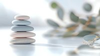 Balanced zen stones stack on white surface with soft eucalyptus leaves in background creating peaceful spa and wellness atmosphere for meditation practice.