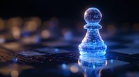 Glowing blue digital pawn chess piece on circuit board background with bokeh lights, representing artificial intelligence and strategic technology advancement.