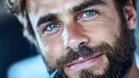 Closeup portrait of bearded Caucasian man with bright blue eyes and gentle smile showing genuine warmth and confidence against blurred background.