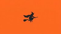 Silhouette of witch flying on broomstick against orange background, isolated clipart suitable for Halloween designs, t-shirts, and seasonal marketing materials.