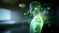 Digital human silhouette with glowing green data particles and binary code elements floating in dark space, representing artificial intelligence and digital transformation.