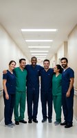 Diverse medical team of doctors and nurses standing together in hospital corridor wearing scrubs, smiling and showing teamwork and collaboration.
