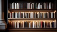 Illuminated wooden bookshelf with rows of white and neutral colored books creating minimalist library atmosphere, warm lighting highlights spines on dark background.
