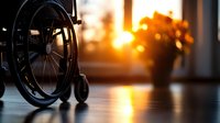 Empty wheelchair silhouette against golden sunset window, creating atmospheric indoor scene with potted plant and warm light reflections on wooden floor.