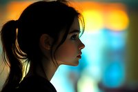 Side profile portrait of young Asian woman with ponytail against blurred colorful bokeh background in dramatic lighting creating mysterious atmosphere.