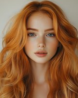 Young woman with flowing ginger hair and blue eyes gazing directly at camera. Natural makeup and soft lighting create ethereal beauty portrait with warm tones.