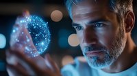 Mature bearded man examining glowing blue holographic sphere with digital network visualization against dark background with bokeh lights.