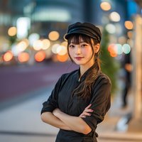 Young Asian female chef in black uniform and cap standing confidently with crossed arms against blurred city lights background at night.