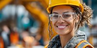 Smiling female construction worker wearing yellow hard hat and safety glasses at building site with heavy machinery in background.