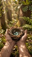 Hands holding bird nest with blue eggs in forest surrounded by ferns and sunlit foliage, symbolizing nature conservation and wildlife protection.