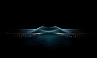 Abstract digital wave visualization with glowing blue lines and particles forming dynamic curved surface against black background, modern technology concept.
