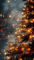 Christmas tree branches with warm golden lights and magical bokeh sparkles creating festive holiday atmosphere for seasonal greeting cards and decorations.