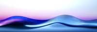 Abstract fluid wave formation in blue and purple gradient colors against soft pink sky background creates smooth flowing minimalist landscape composition.