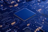 Microprocessor on blue circuit board with glowing connections and electronic pathways, central processing unit close-up view showing integrated circuits.