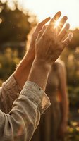 Close-up of male hands raised toward golden sunlight in outdoor field setting, capturing warmth, freedom, and spiritual connection during sunset hour.