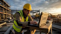 Construction worker in safety vest and hard hat using laptop computer at building site during golden hour sunset for project management and planning.
